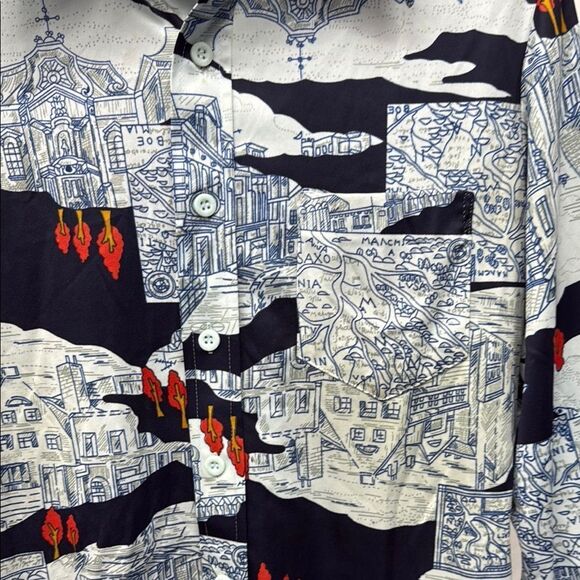 Oleg Cassini Blue and white Casual Button Down Shirt with Artistic Urban Design - Picture 2 of 4